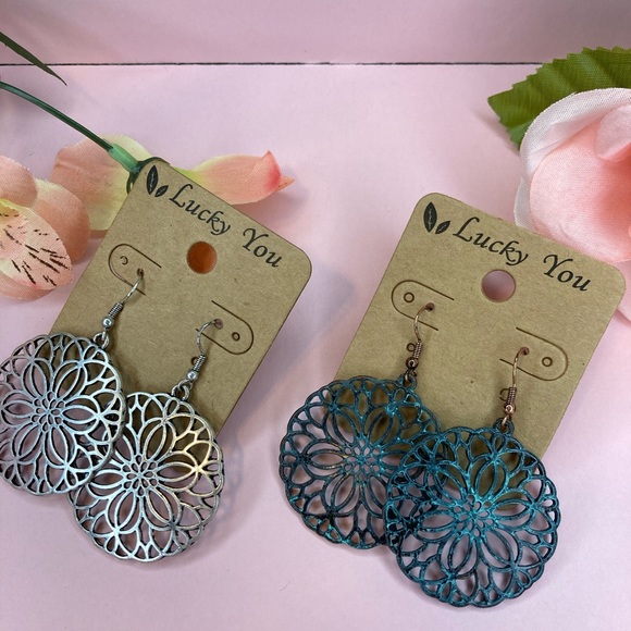 LUCKY YOU Silver Fishhook Dangle Round Filigree Pierced Earrings - Picture 3 of 7